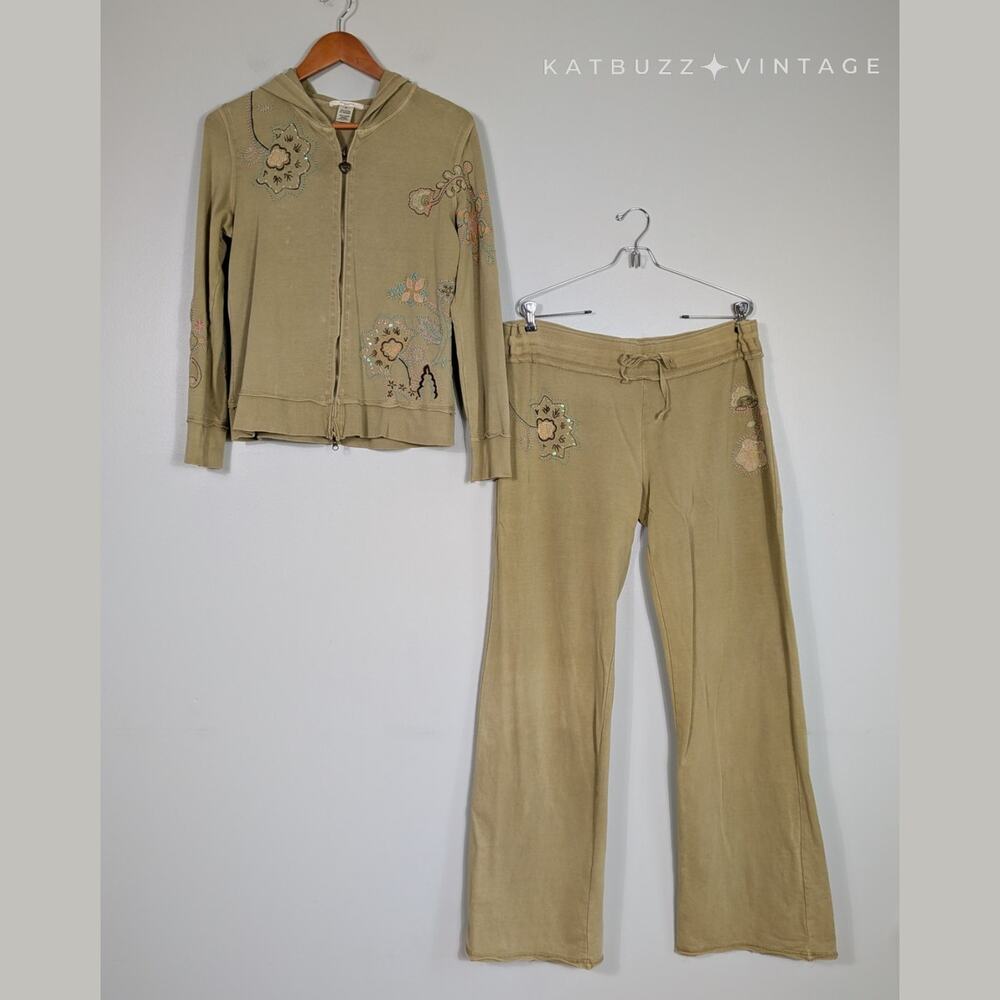 Vintage Y2K Floral Embroidered Tracksuit XL Green Hoodie Set Pants Bead Flaw